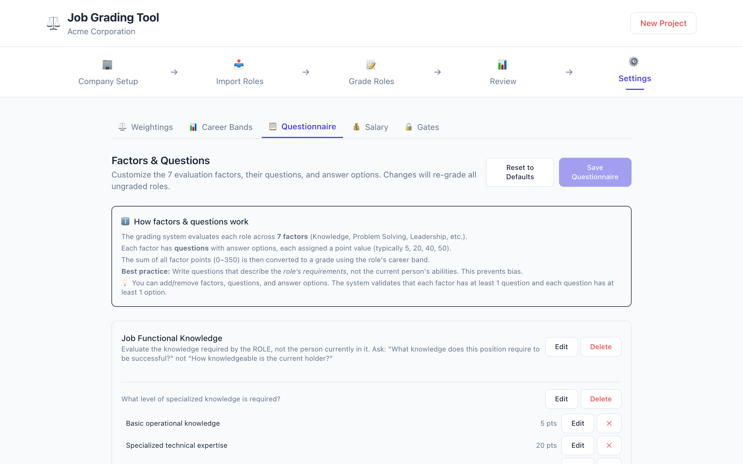 Settings: Questionnaire