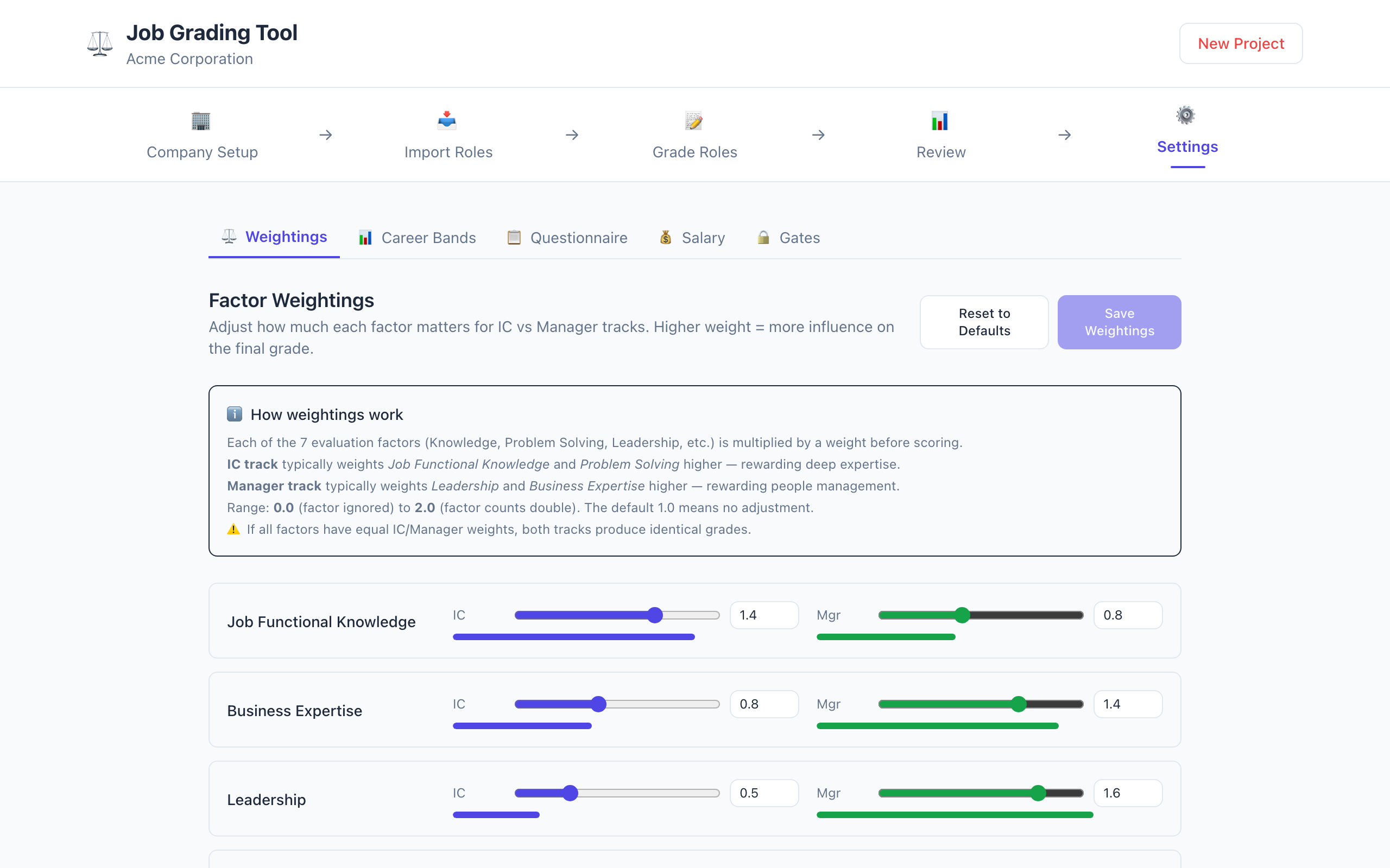Settings: Weightings